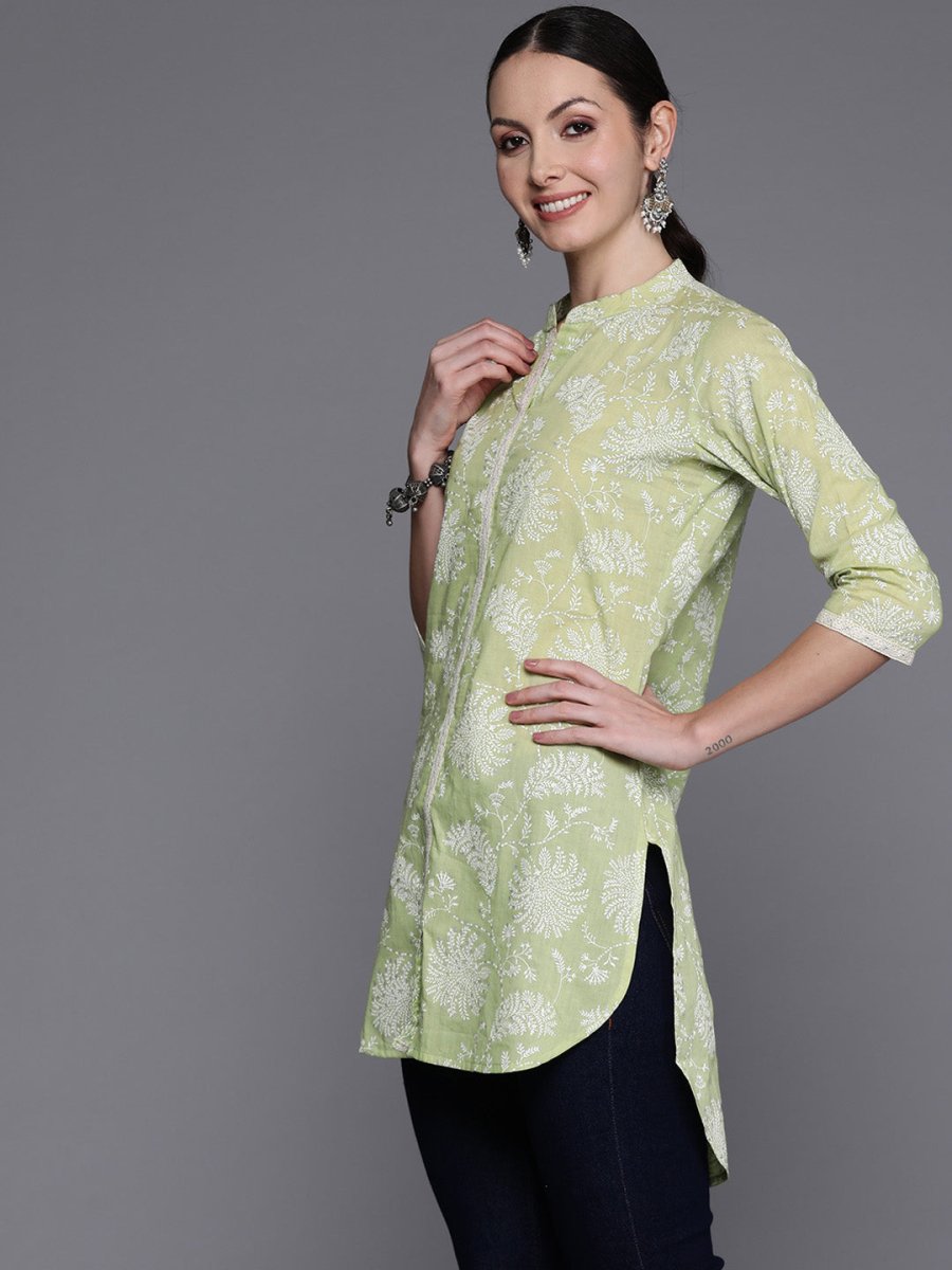 Ahalyaa Mandarin Collar Floral Printed Tunic with Lace Inserts Detail