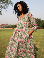 trueBrowns Sage Cotton Block Print Lapel Collared Dress - Distacart