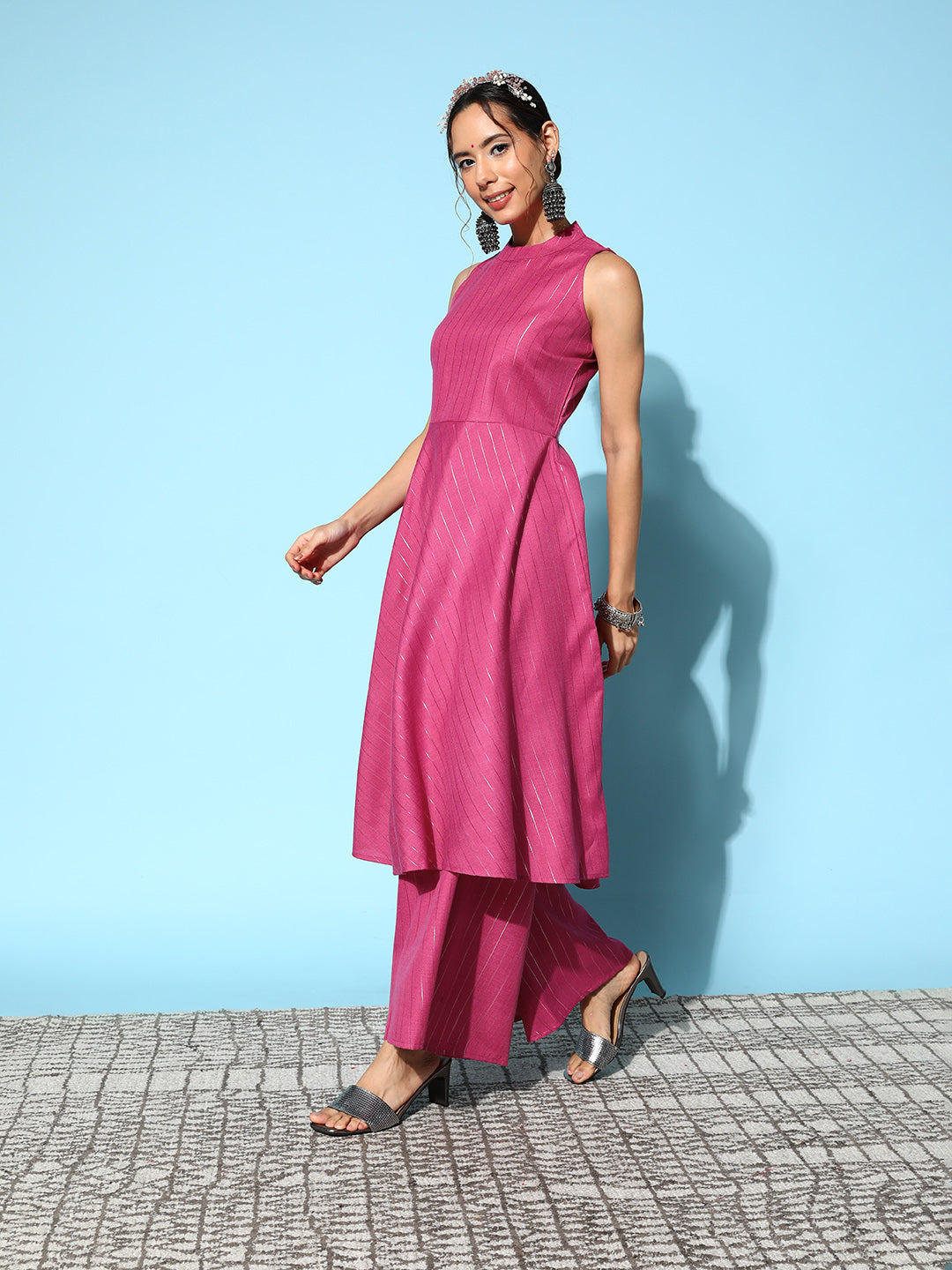InWeave Women's Pink Lurex Boho Sleevless Kurta Set