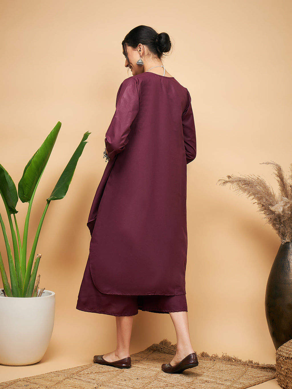InWeave Women's Wine Solid Flared Kurta Palazzo Set
