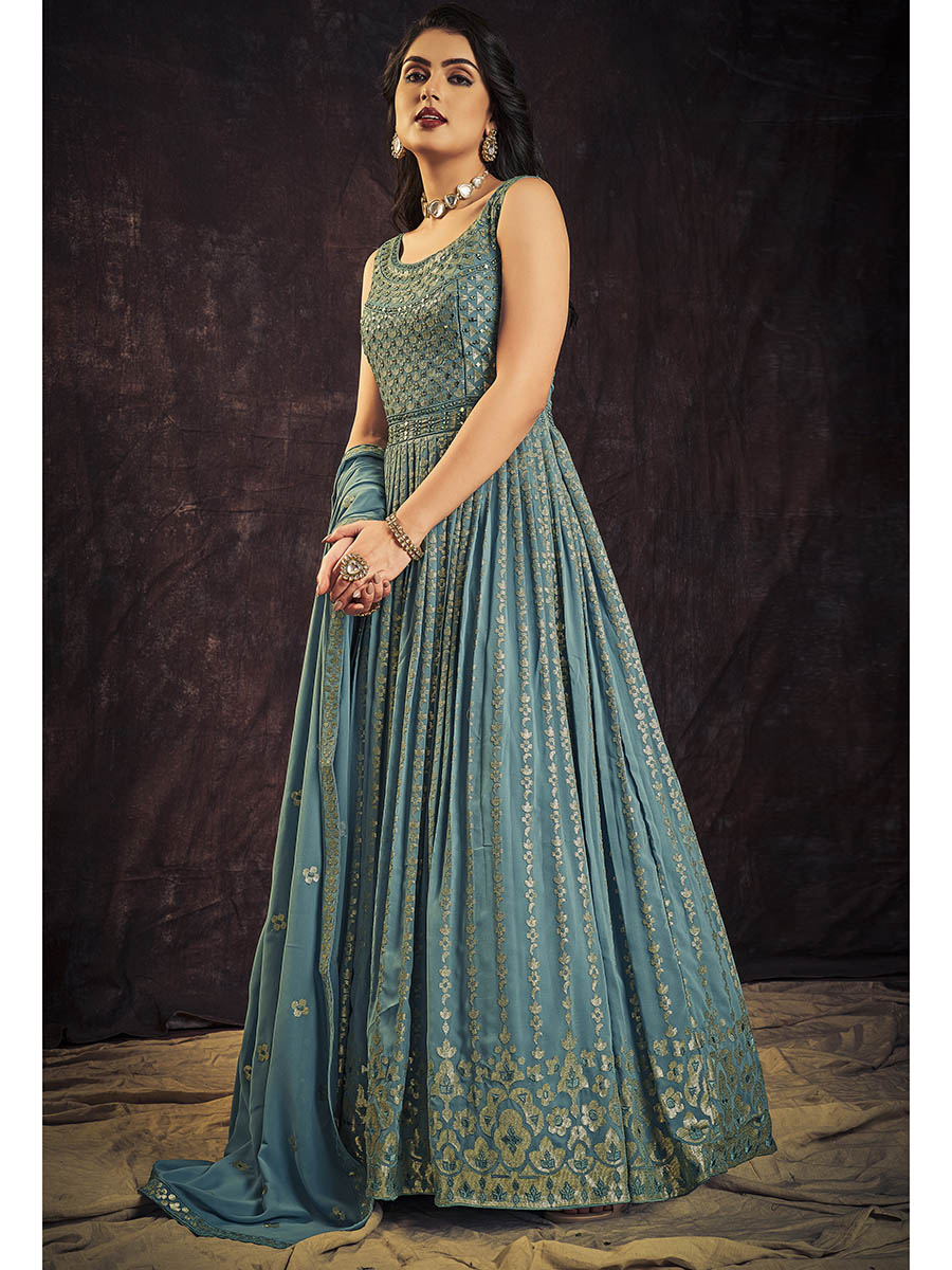 Myra Blue Real Georgette Designer Gown Style Suit - Distacart