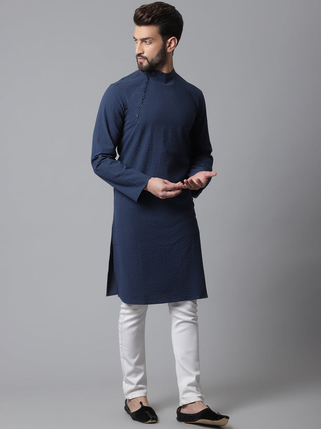 Even Apparels Blue Solid Kurta With Band Collar - Distacart