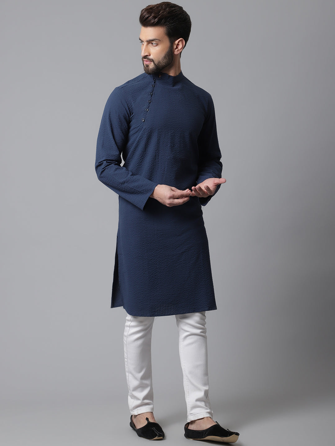 Even Apparels Blue Solid Kurta With Band Collar - Distacart