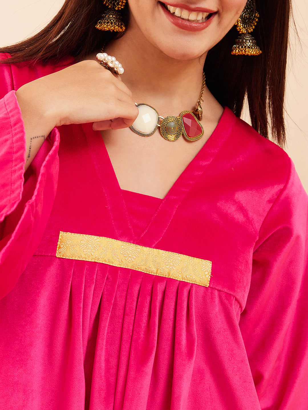 InWeave Women's Magenta V Neck Asymmetrical Pleated Velvet Kurta Set