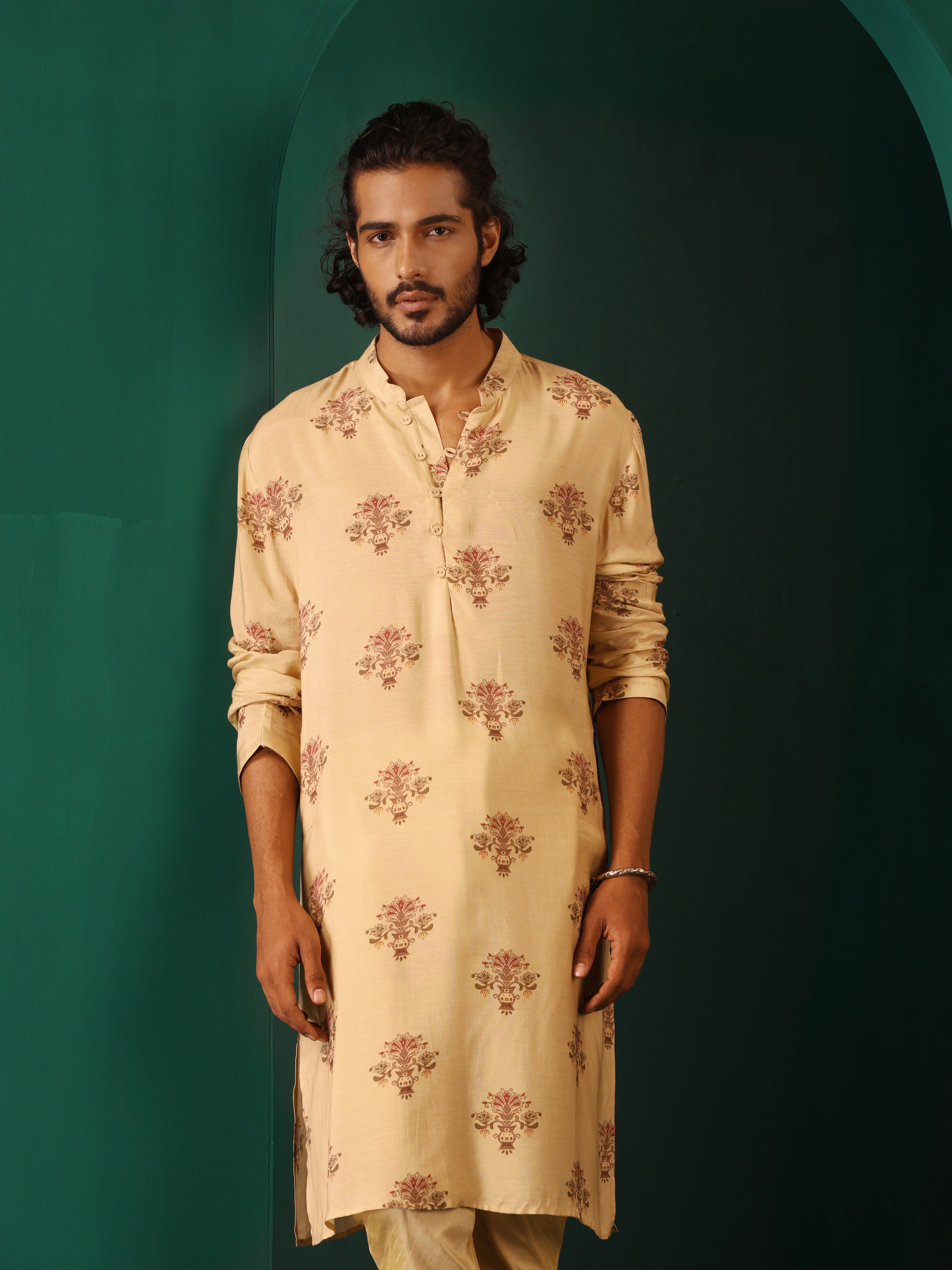 trueBrowns Men's Beige Floral Bunch Muslin Silk Printed Long Kurta