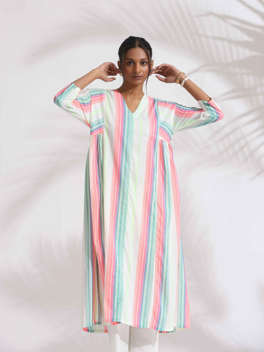 trueBrowns Off-White Cotton Multi Stripe Flared Kurta Set - Distacart
