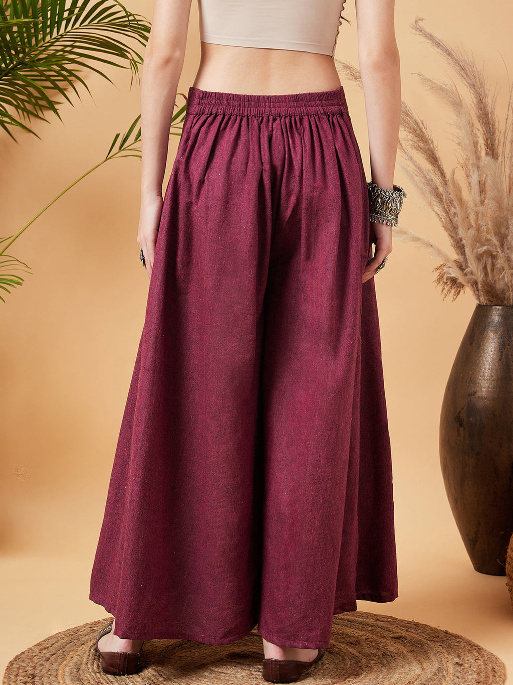 InWeave Women's Pink Wine Handloom Palazzo
