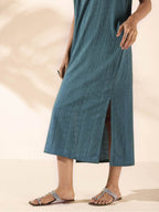 trueBrowns Turquoise Cotton Dobby Dress - Distacart