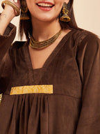 InWeave Women's Brown V Neck Asymmetrical Pleated Velvet Kurta Set