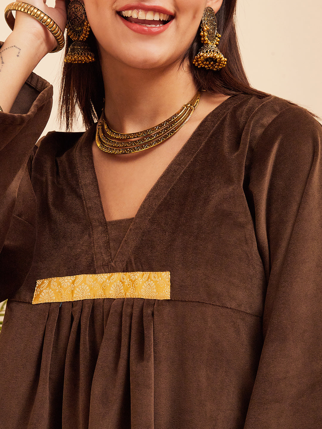 InWeave Women's Brown V Neck Asymmetrical Pleated Velvet Kurta Set