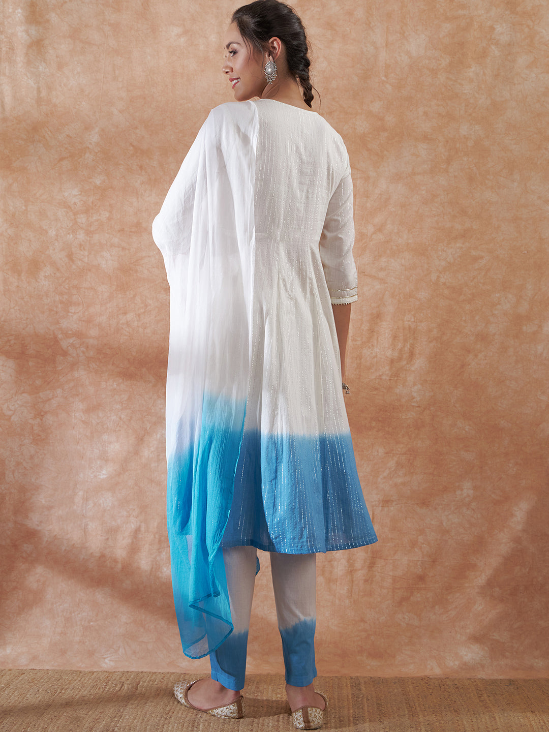 InWeave Women's White Lurex Blue Dye Patch Gota Anarkali Kurta Set W Dupatta