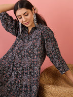 InWeave Black Maroon Ajrakh Foil Collar Flared Dress - Distacart