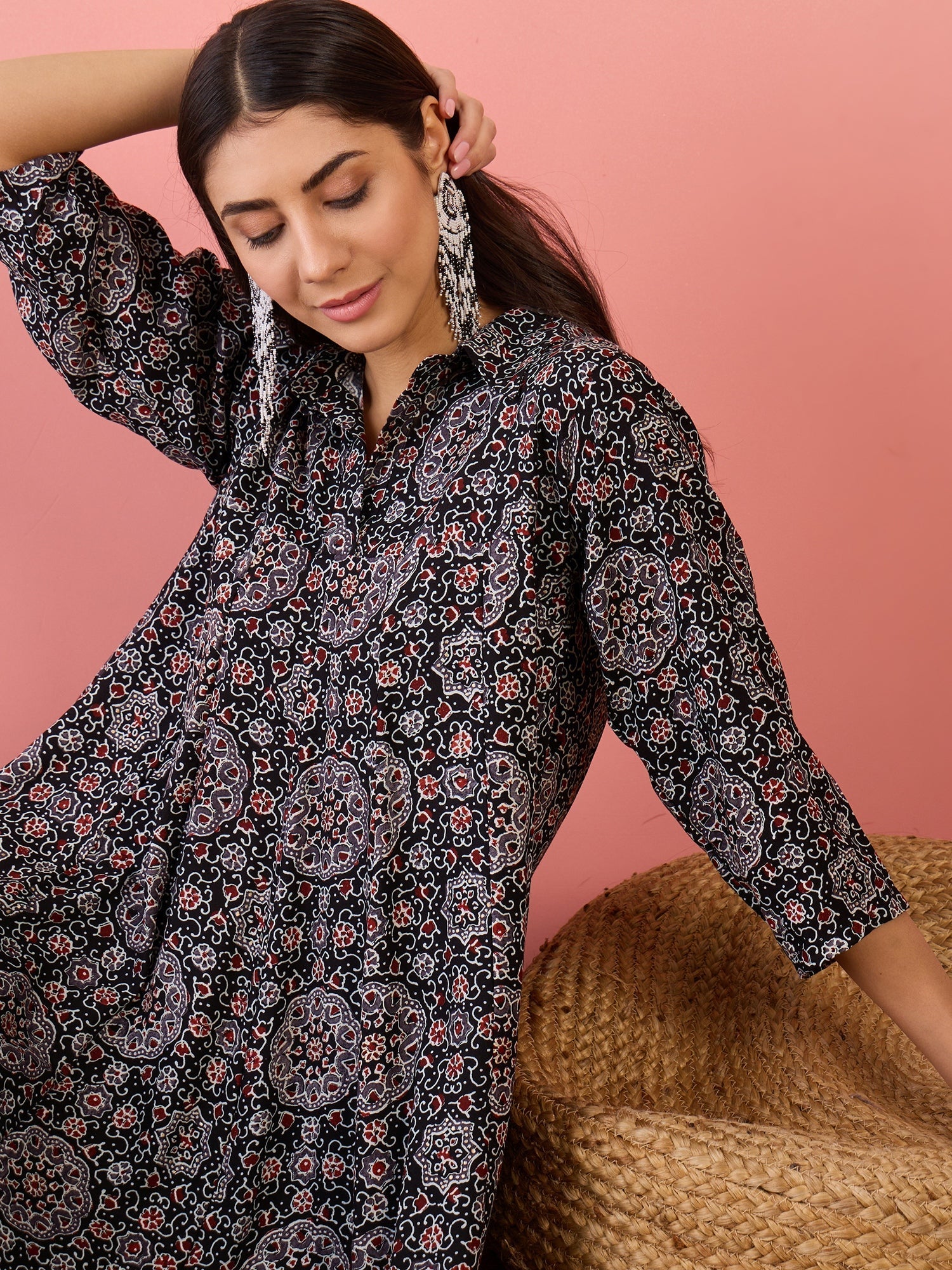 InWeave Black Maroon Ajrakh Foil Collar Flared Dress - Distacart