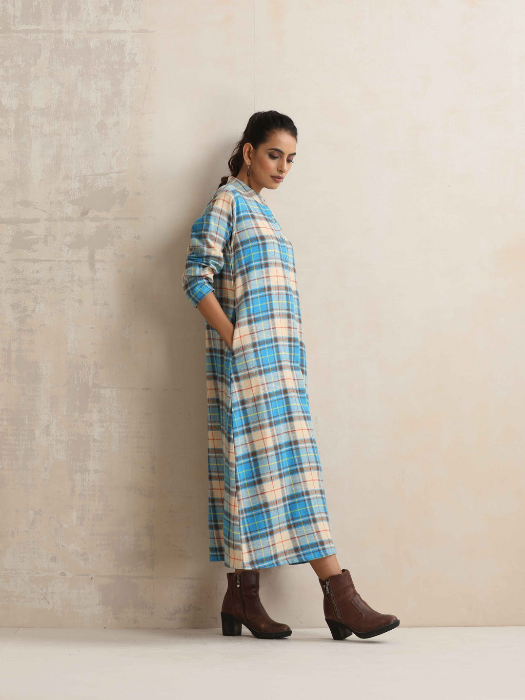 trueBrowns Beige Check Flared Winter Dress - Distacart