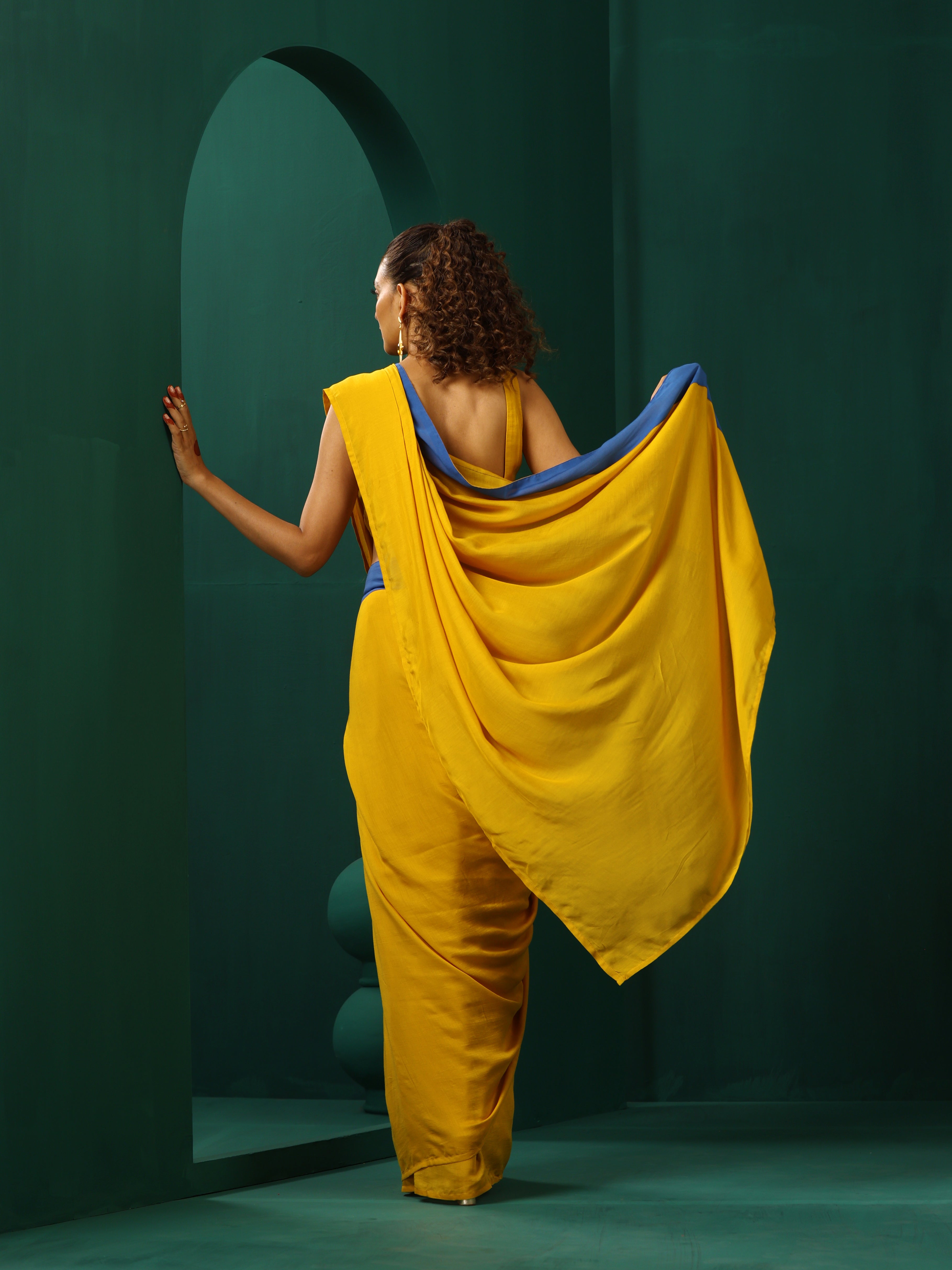 trueBrowns Mustard Muslin Silk Ready to Wear Saree
