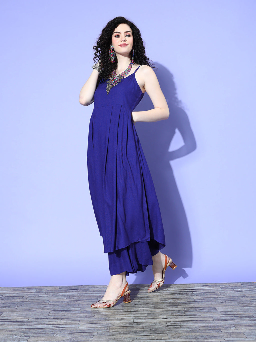 InWeave Women's Strappy Set In Ink Blue With Blue  Fuschia Floral Organza Dupatta