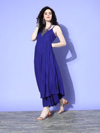 InWeave Women's Strappy Set In Ink Blue With Blue  Fuschia Floral Organza Dupatta