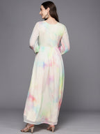 Ahalyaa Abstract Printed Gotta Patti Puff Sleeves Chiffon Maxi Ethnic Dress - Distacart