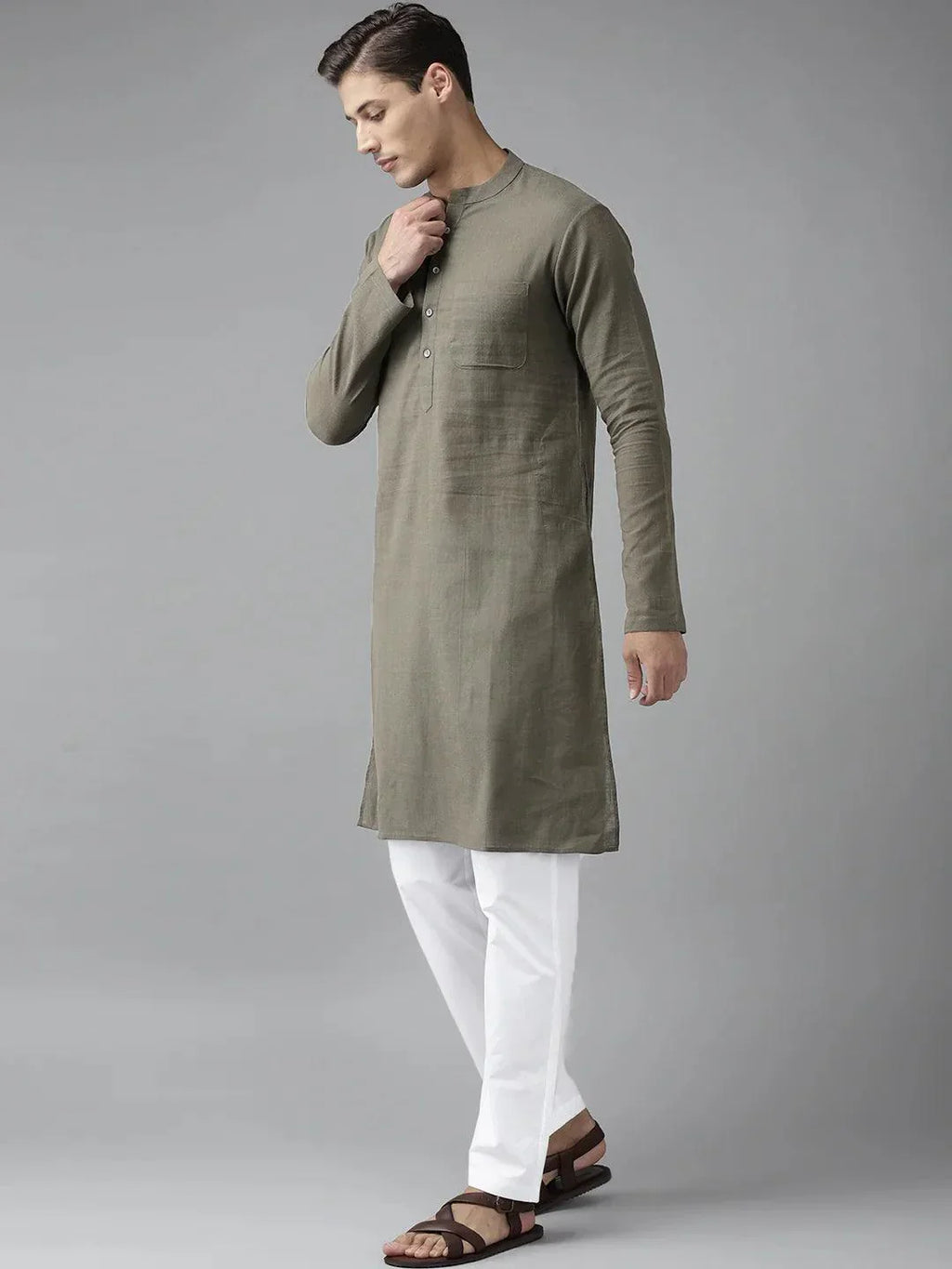 Fabmade Men Khaki Cotton Linen Kurta