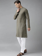 Fabmade Men Khaki Cotton Linen Kurta