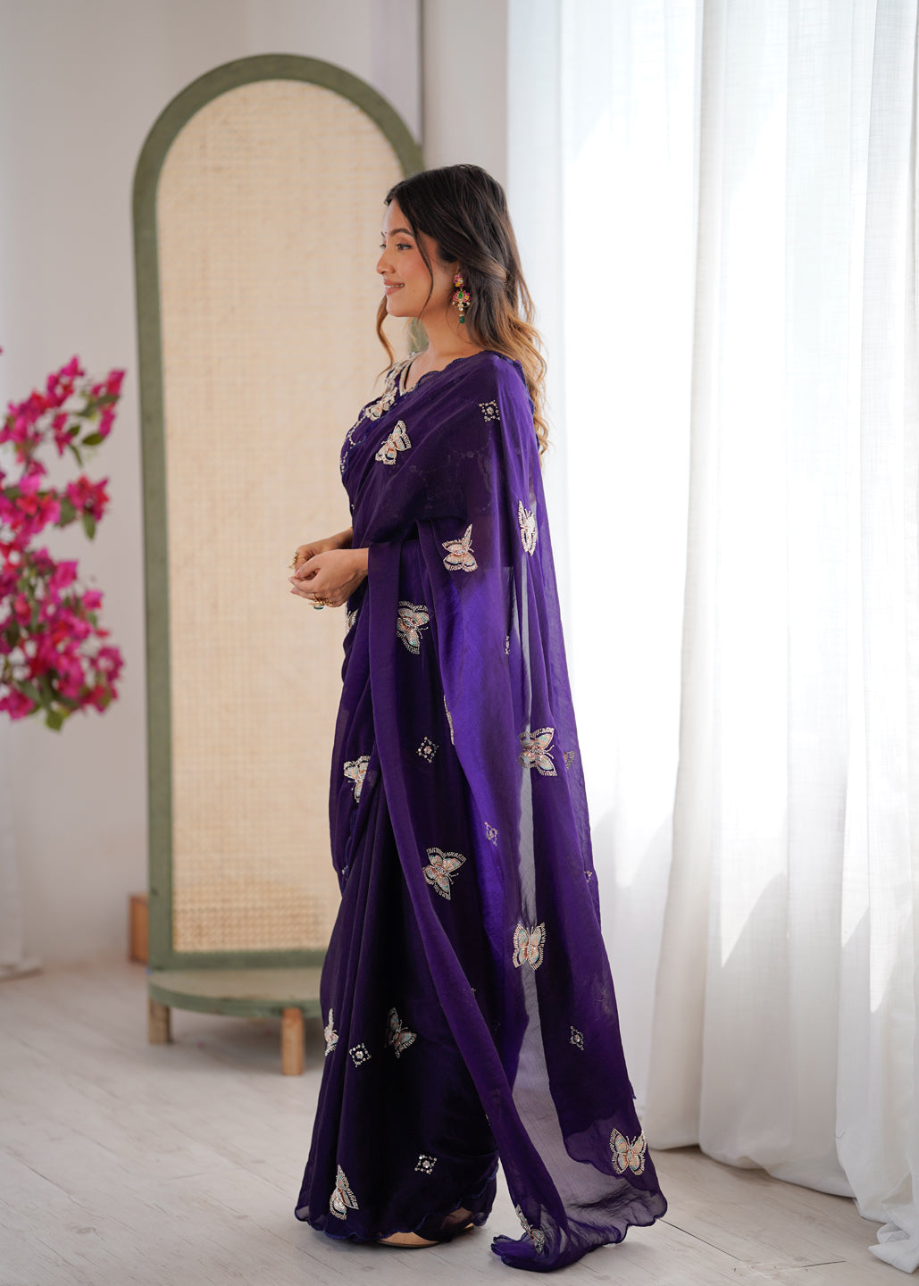 Evanik Purple Mos Silk With Handwork Butterfly Design Saree With Unstitched Blouse - Distacart