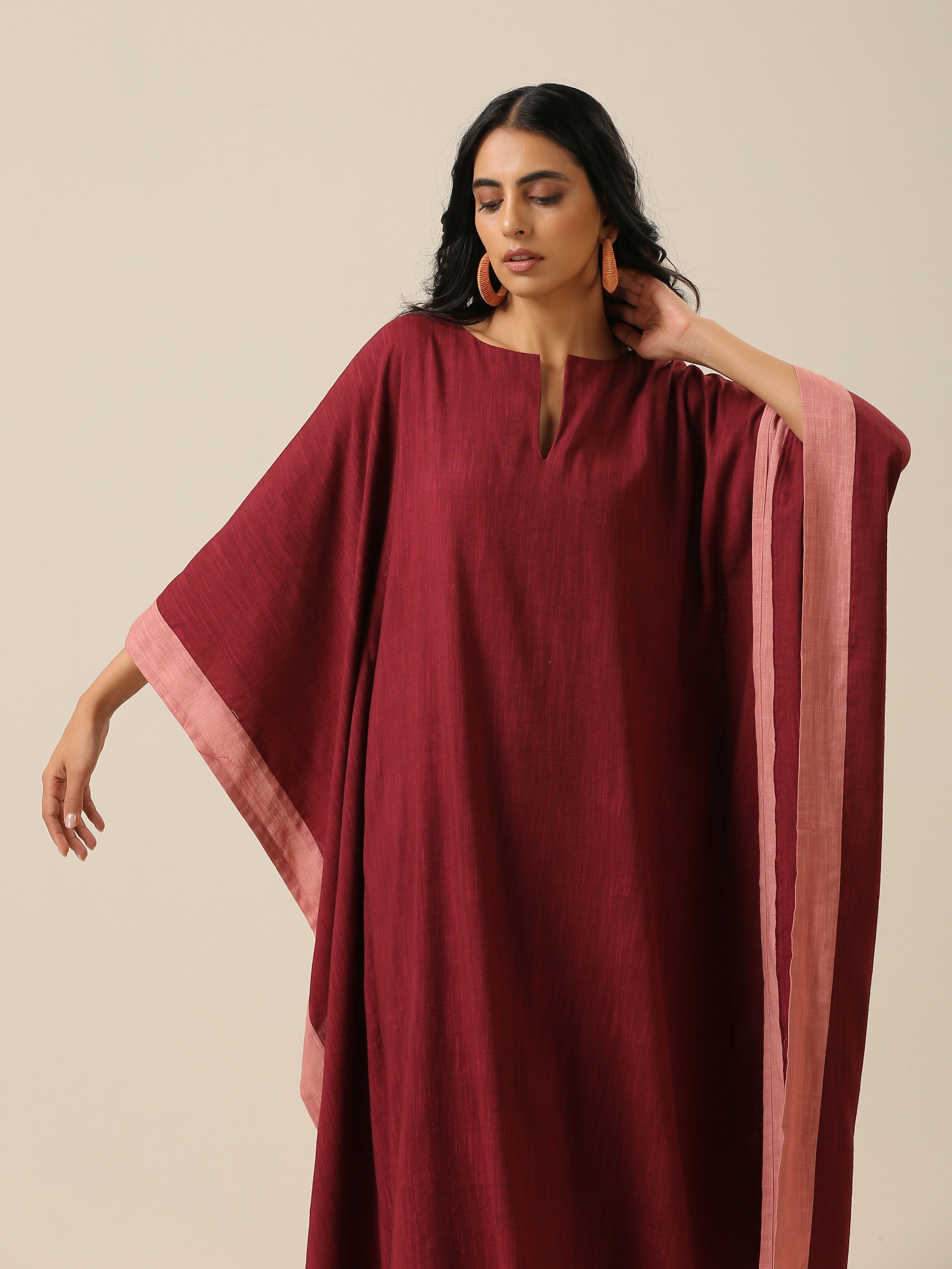 trueBrowns Ruby Wine Slub Texture High Low Kaftan Pant Set | Relove - Distacart