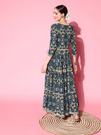 InWeave Women's Blue Ikkat Print Tiered Dress With Lace - Distacart