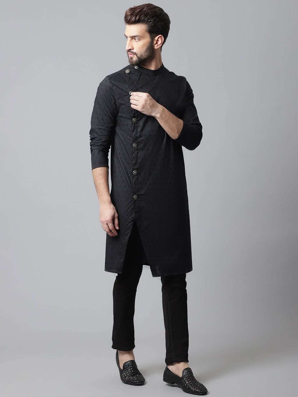 Even Apparels Black Pure Cotton Kurta With Band Collar