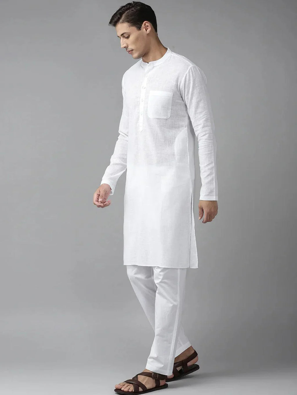 Fabmade Men White Cotton Linen Kurta
