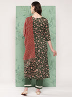 InWeave Women's Green Floral Motif Nyra Kurta Set With Dupatta