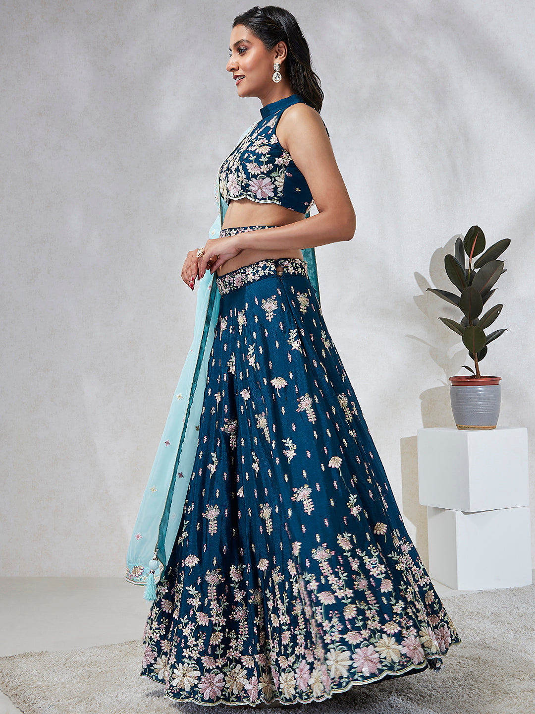 House of Panchhi Teal Pure Georgette Sequins And Thread Embroidery Lehenga Choli & Dupatta
