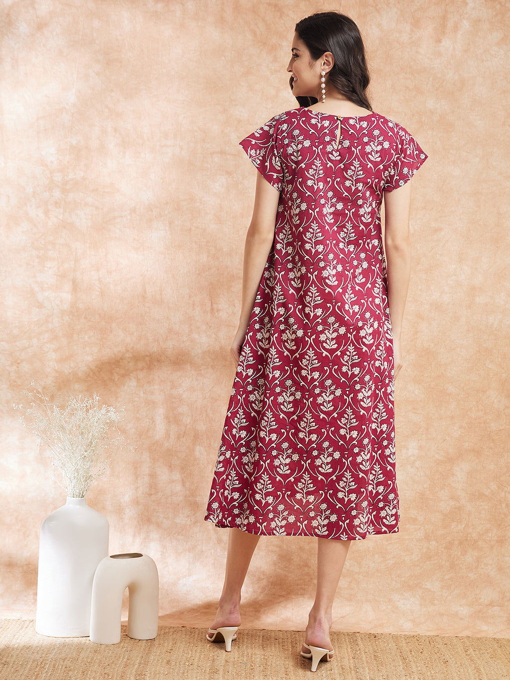 InWeave Women's Wine Cream Floral Print A Line Dress - Distacart