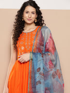 InWeave Women's Orange Mirror Work Aline Strappy Kurta Set Blue Fuchsia Or Dupatta