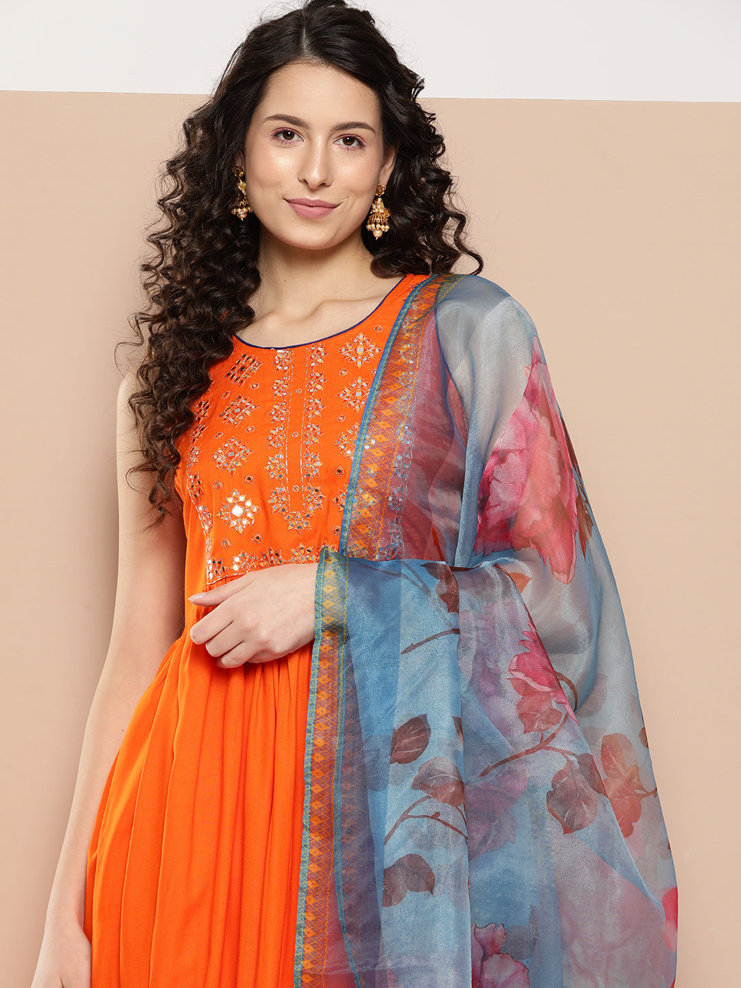 InWeave Women's Orange Mirror Work Aline Strappy Kurta Set Blue Fuchsia Or Dupatta