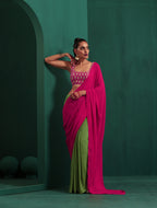 trueBrowns Green Pink Muslin Silk Ready To Wear Saree