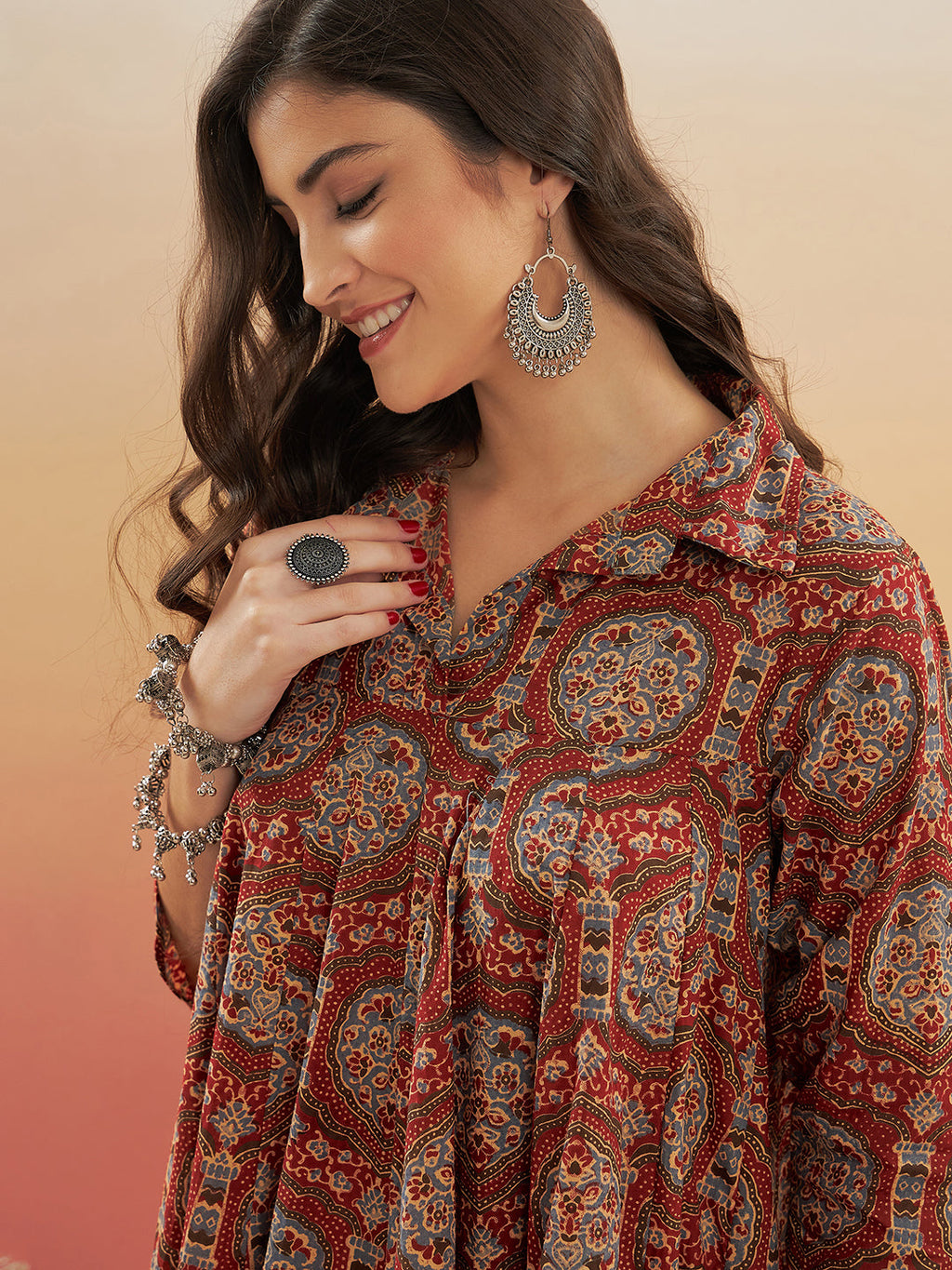 InWeave Women's Maroon Mughal Kalamkari Flared Dress - Distacart