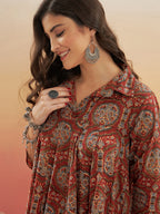 InWeave Women's Maroon Mughal Kalamkari Flared Dress - Distacart