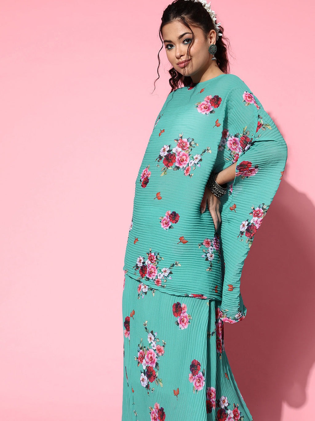 InWeave Women's Blue Floral Print Pleated Kaftan Top