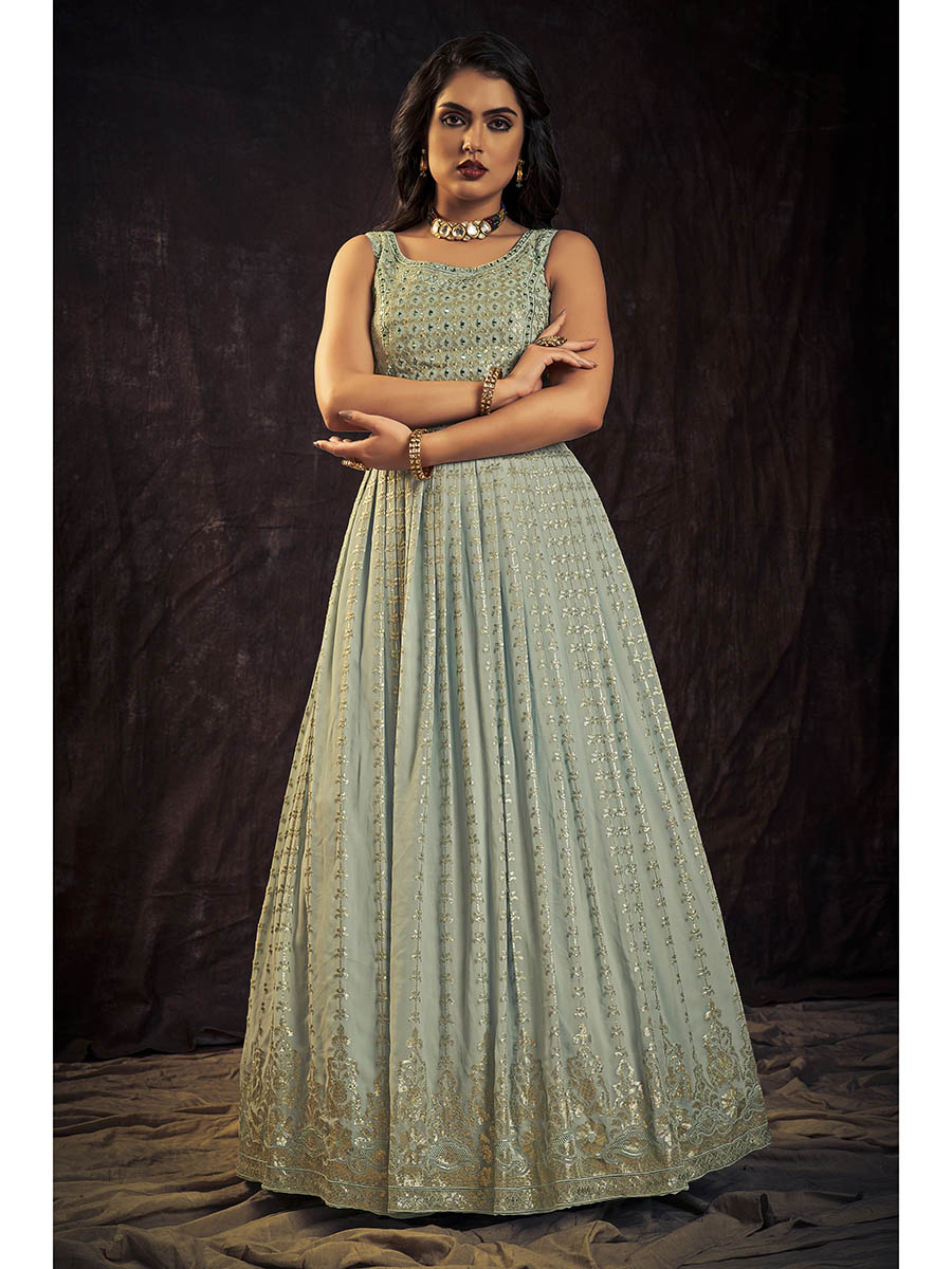 Myra Light Blue Real Georgette Designer Gown Style Suit - Distacart