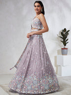 House of Panchhi Mauve Chiffon Sequins And Thread Embroidery Lehenga Choli & Dupatta