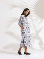 trueBrowns White Cotton Print Shirt Dress - Distacart