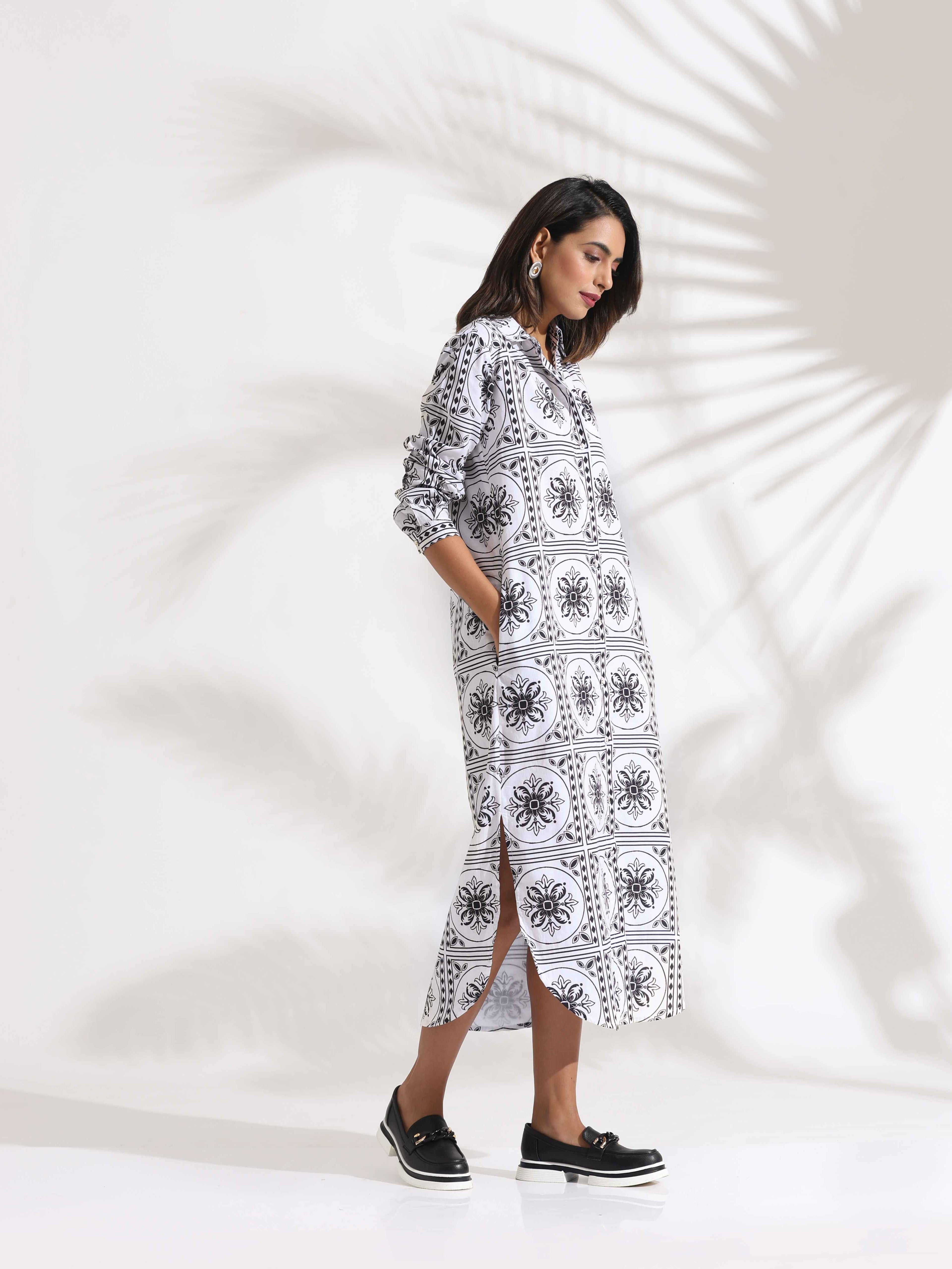 trueBrowns White Cotton Print Shirt Dress - Distacart
