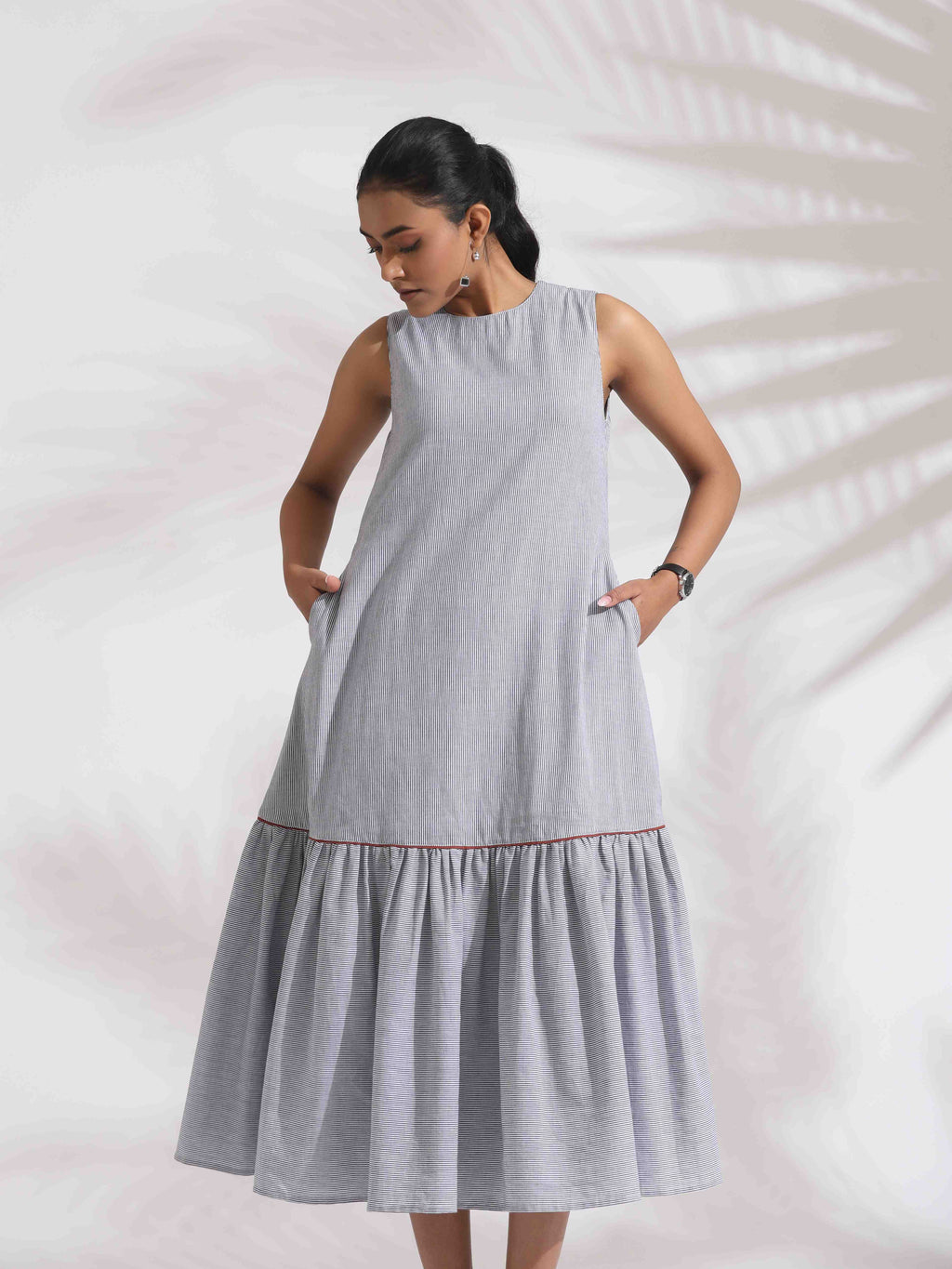 trueBrowns trueBrown Grey Cotton Stripe Tier Dress - Distacart