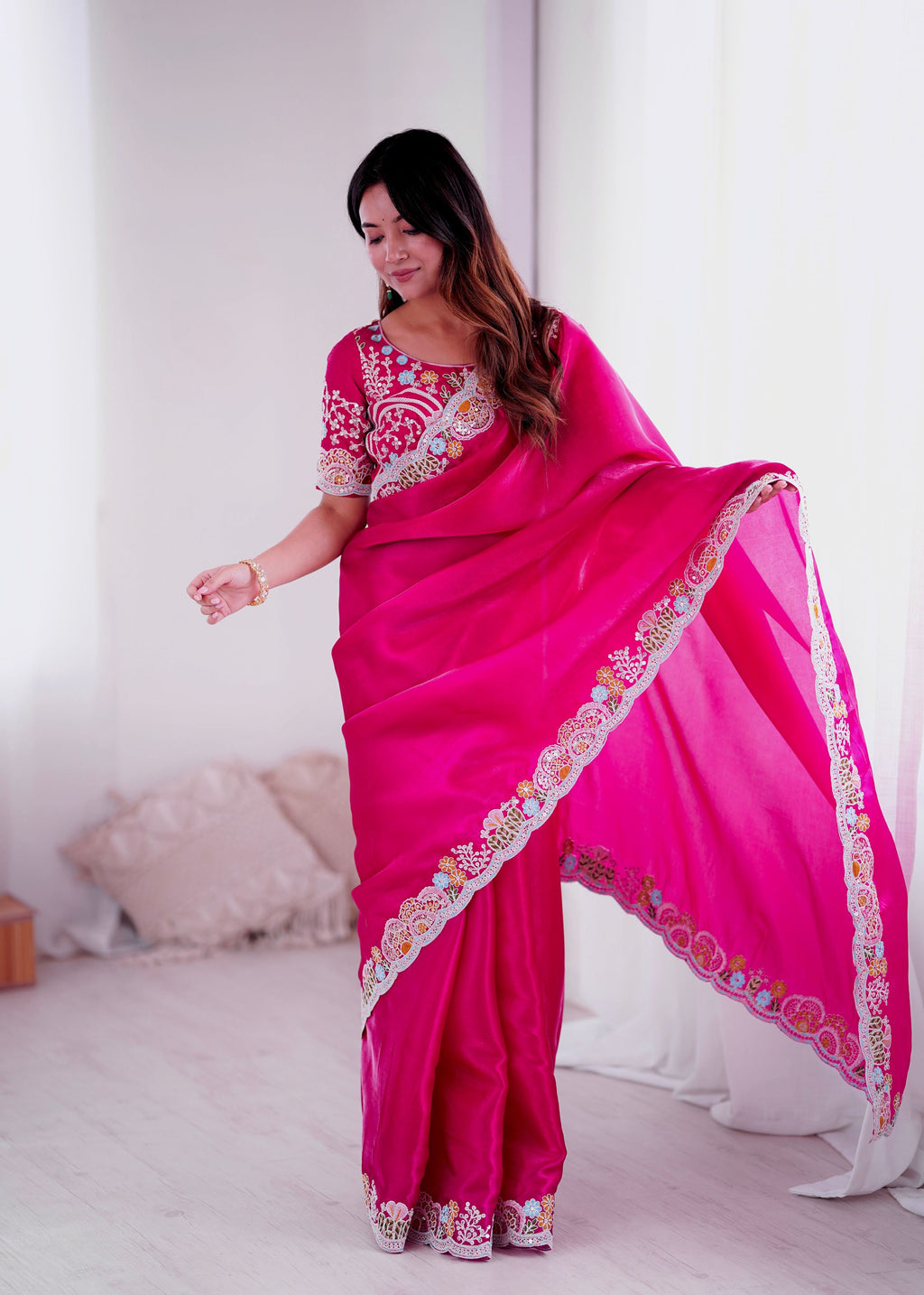 Lorenvalley Fashion Magenta Jimmy Choo with Embroidery Threads Codding & Sequins Work Saree with Blouse - Distacart