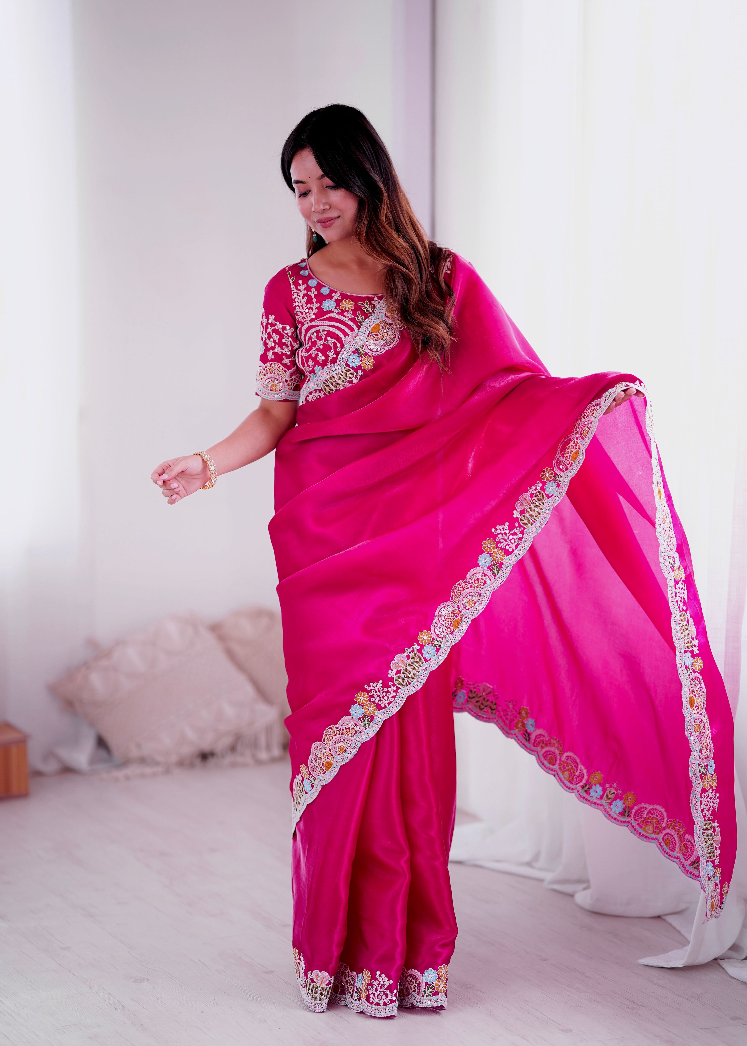 Lorenvalley Fashion Magenta Jimmy Choo with Embroidery Threads Codding & Sequins Work Saree with Blouse - Distacart