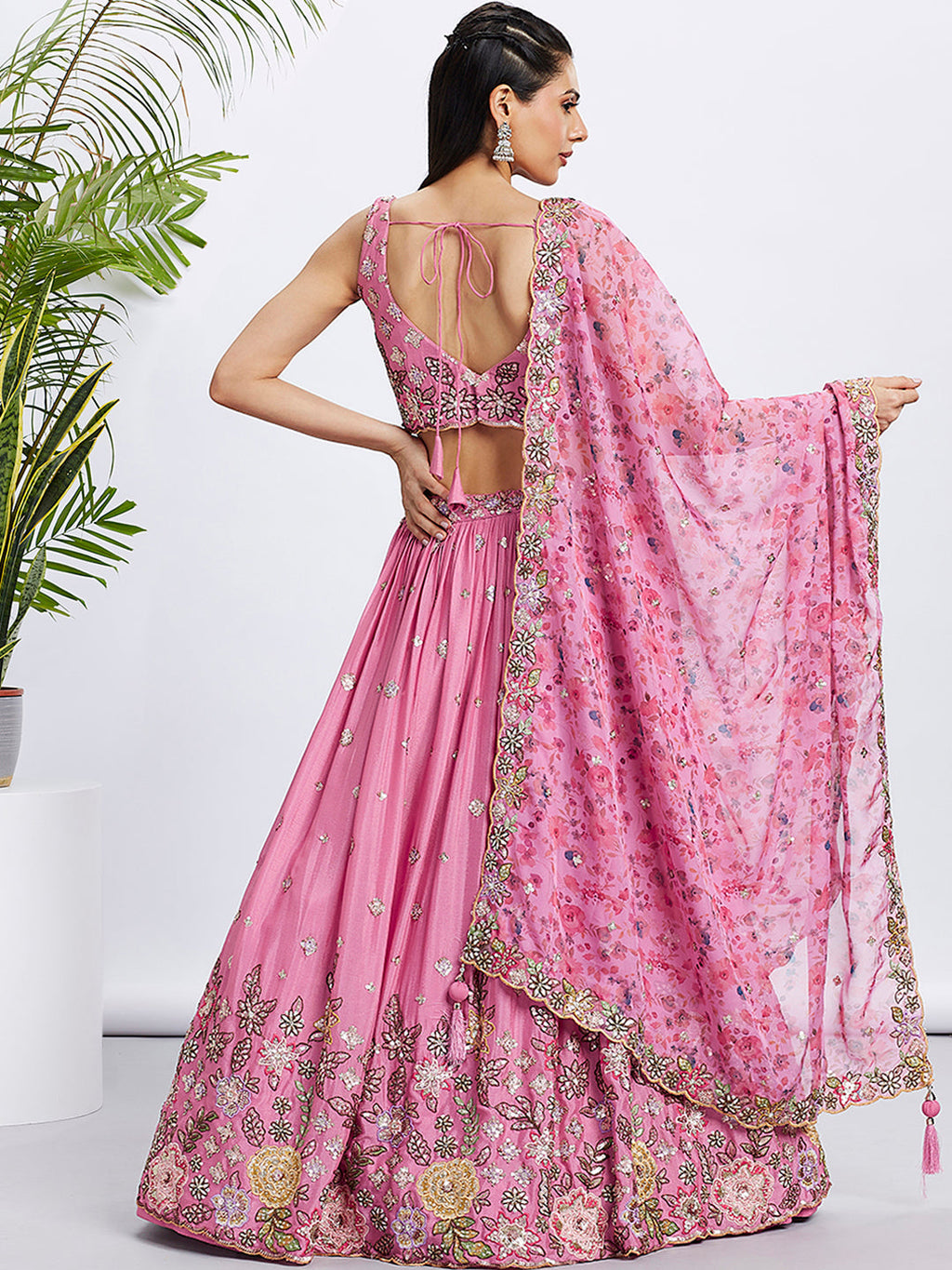 House of Panchhi Lime Green Chiffon Sequins And Thread Embroidery Lehenga Choli & Dupatta