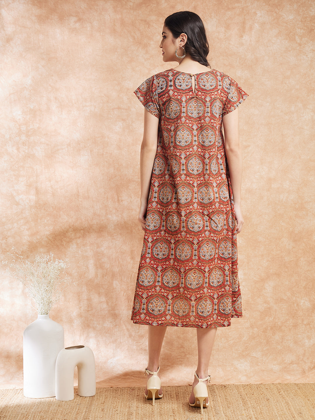 InWeave Women's Maroon Mughal Kalamkari A Line Dress - Distacart