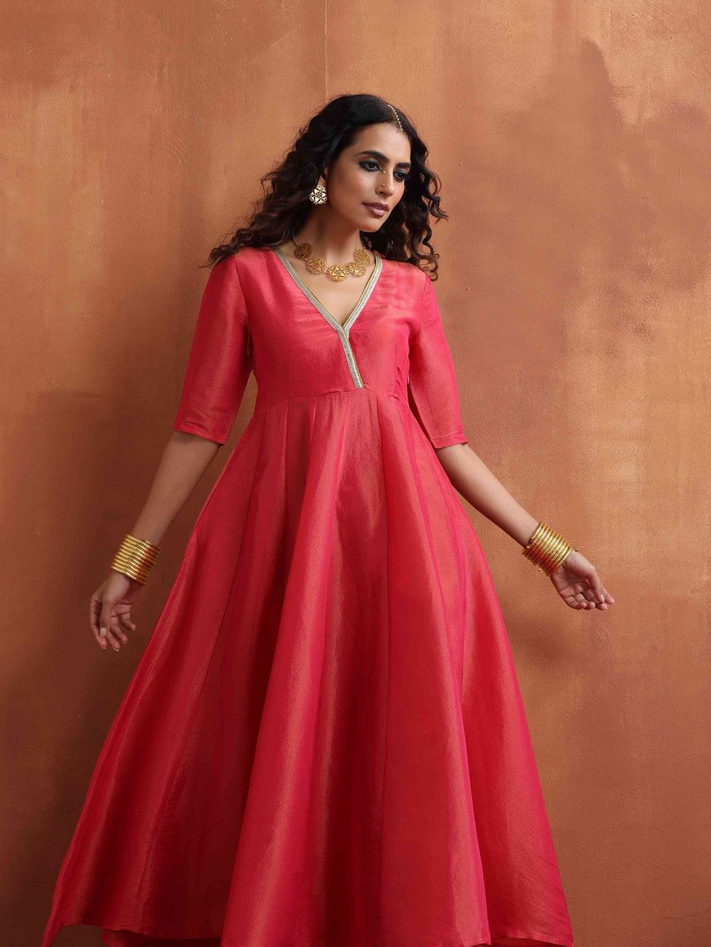 trueBrowns Hot Pink Tissue Flared Anarkali Kurta Set - Distacart