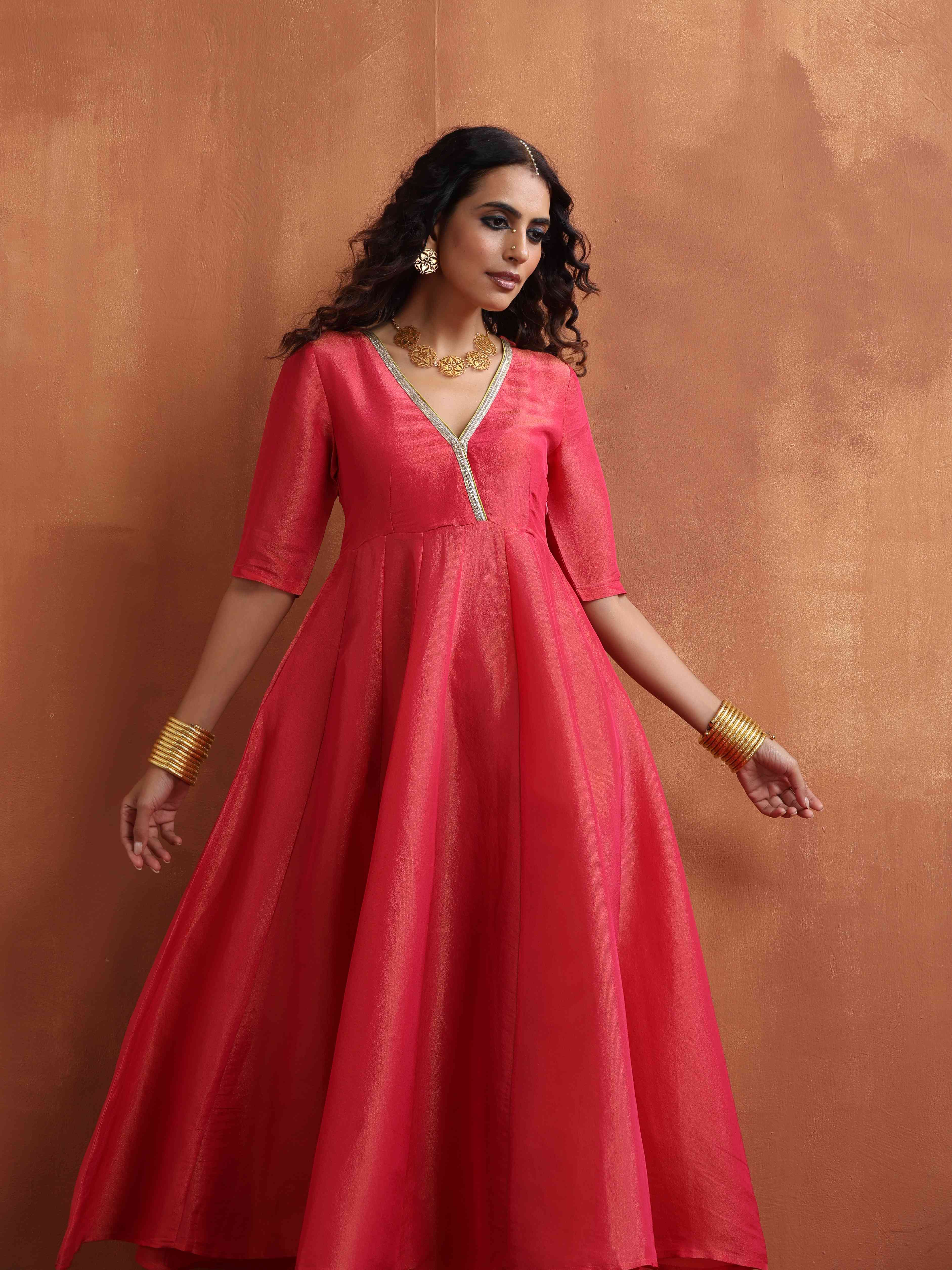 trueBrowns Hot Pink Tissue Flared Anarkali Kurta Set - Distacart