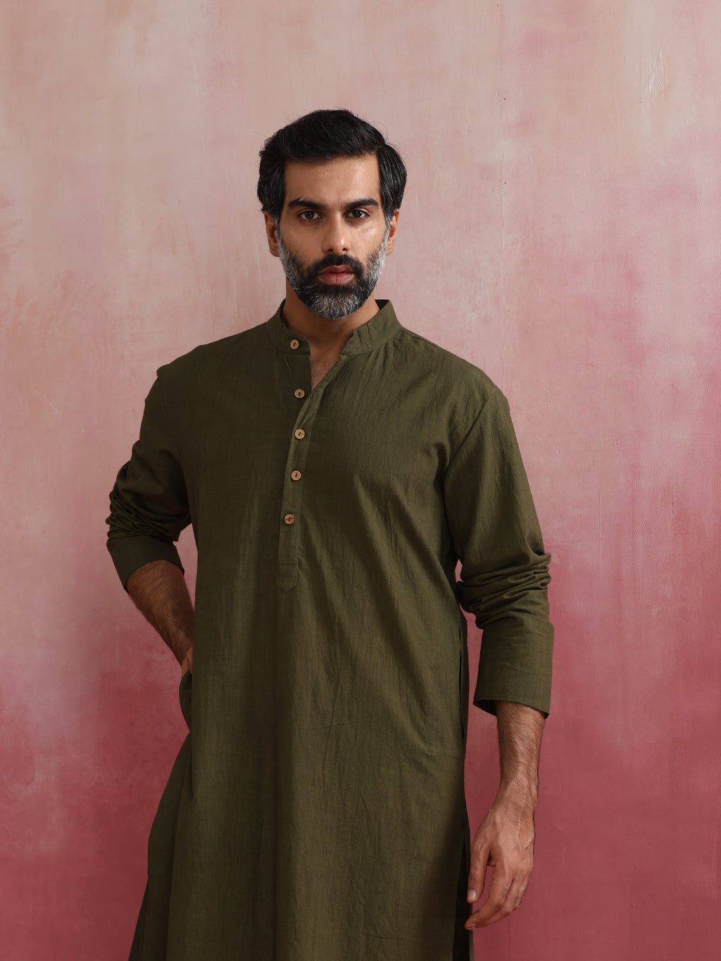 trueBrowns Men's Olive green Mandarin Collar Kurta